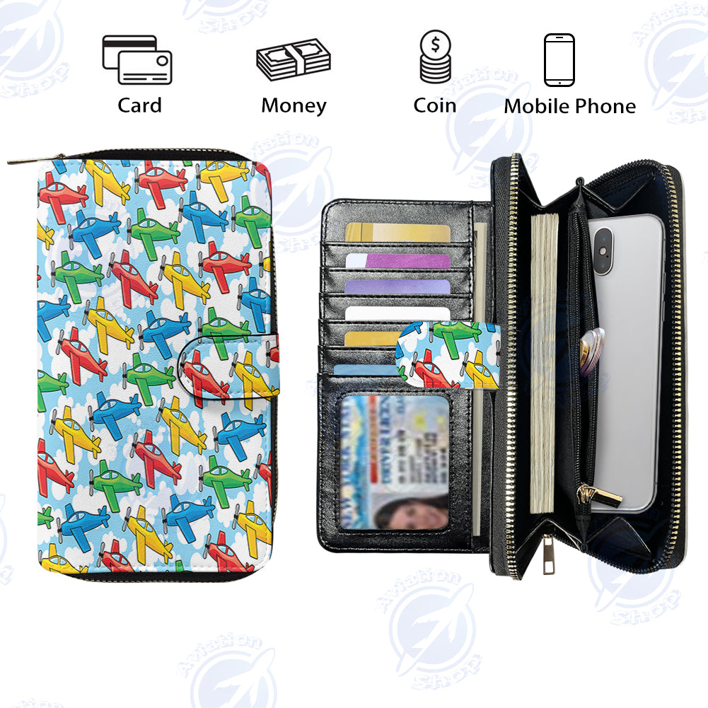 Funny Airplanes Designed Leather Long Zipper Wallets