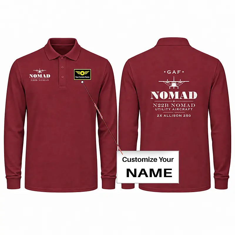GAF N22B Nomad Premium Polo T-Shirts - Heritage + Name - Long Sleeve - Dark Red