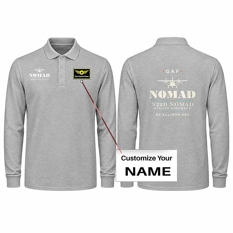 GAF N22B Nomad Premium Polo T-Shirts - Heritage + Name - Long Sleeve - Gray