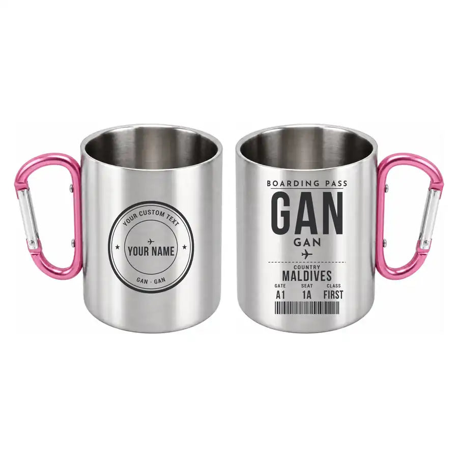 Gan Island Airport (GAN) Stainless Steel Mugs - Boarding Pass + Custom Back - Outdoors Mug - Pink