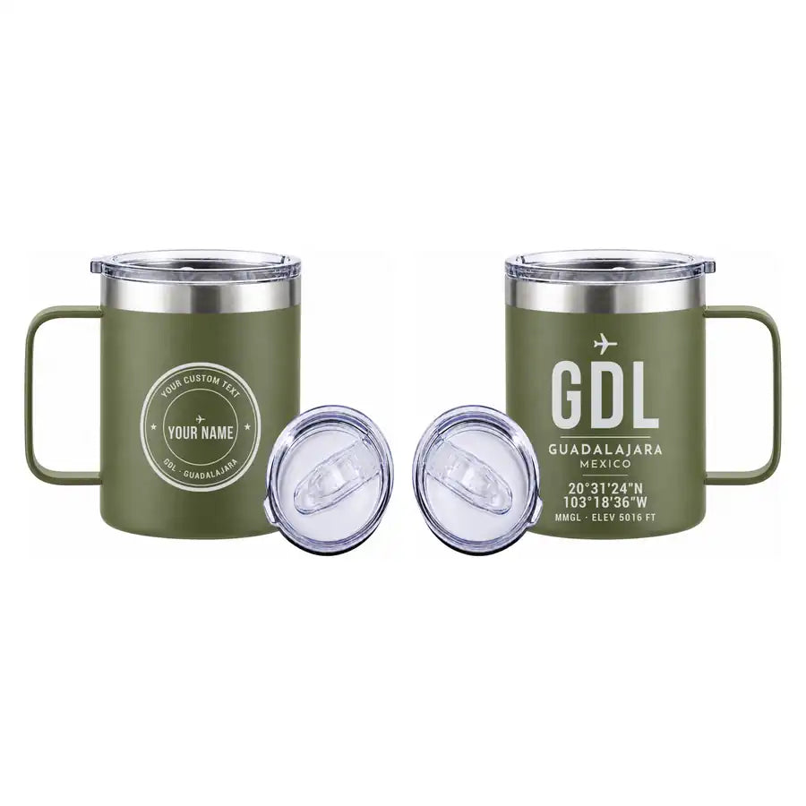 Guadalajara International Airport (GDL) Stainless Steel Mugs - ID Tag + Custom Back - Stainless Steel Mug - 14 oz / 400ML - Green