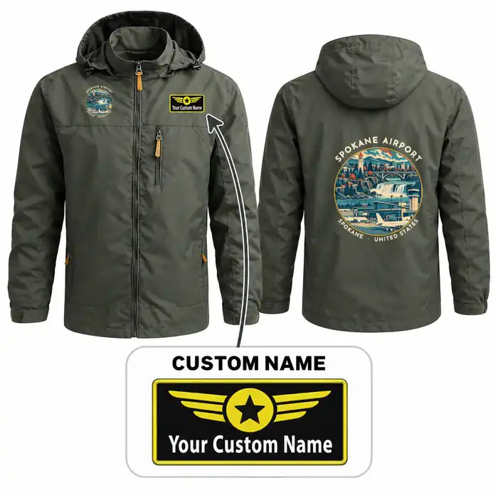 Spokane International Airport (GEG) Stylish Jackets - Hooded Windbreaker - Badge + Name - Olive Green