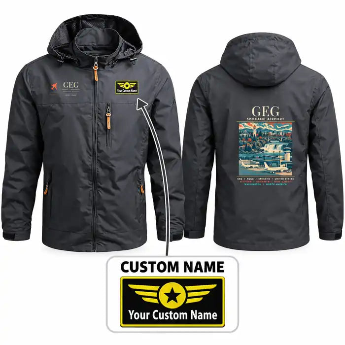 Spokane International Airport (GEG) Stylish Jackets - Hooded Windbreaker - Poster + Name - Charcoal