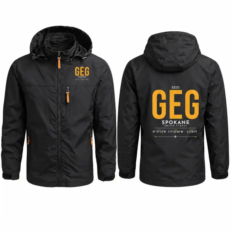 Spokane International Airport (GEG) Stylish Jackets - Hooded Windbreaker - Tag - Black