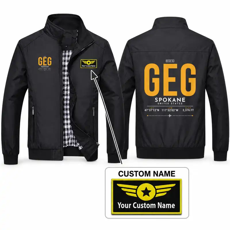 Spokane International Airport (GEG) Stylish Jackets - Stand Collar - Tag + Name - Black
