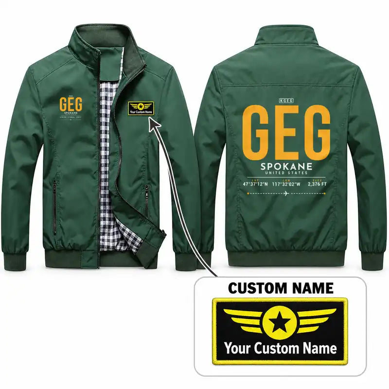 Spokane International Airport (GEG) Stylish Jackets - Stand Collar - Tag + Name - Green