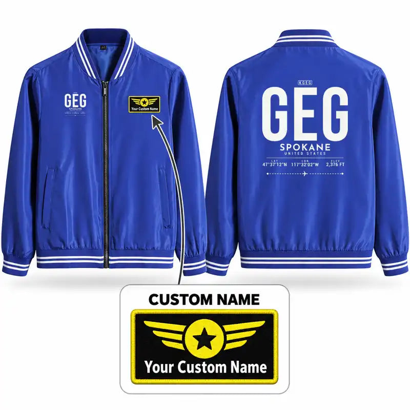 Spokane International Airport (GEG) Stylish Jackets - Baseball Collar - Tag + Name - Royal Blue