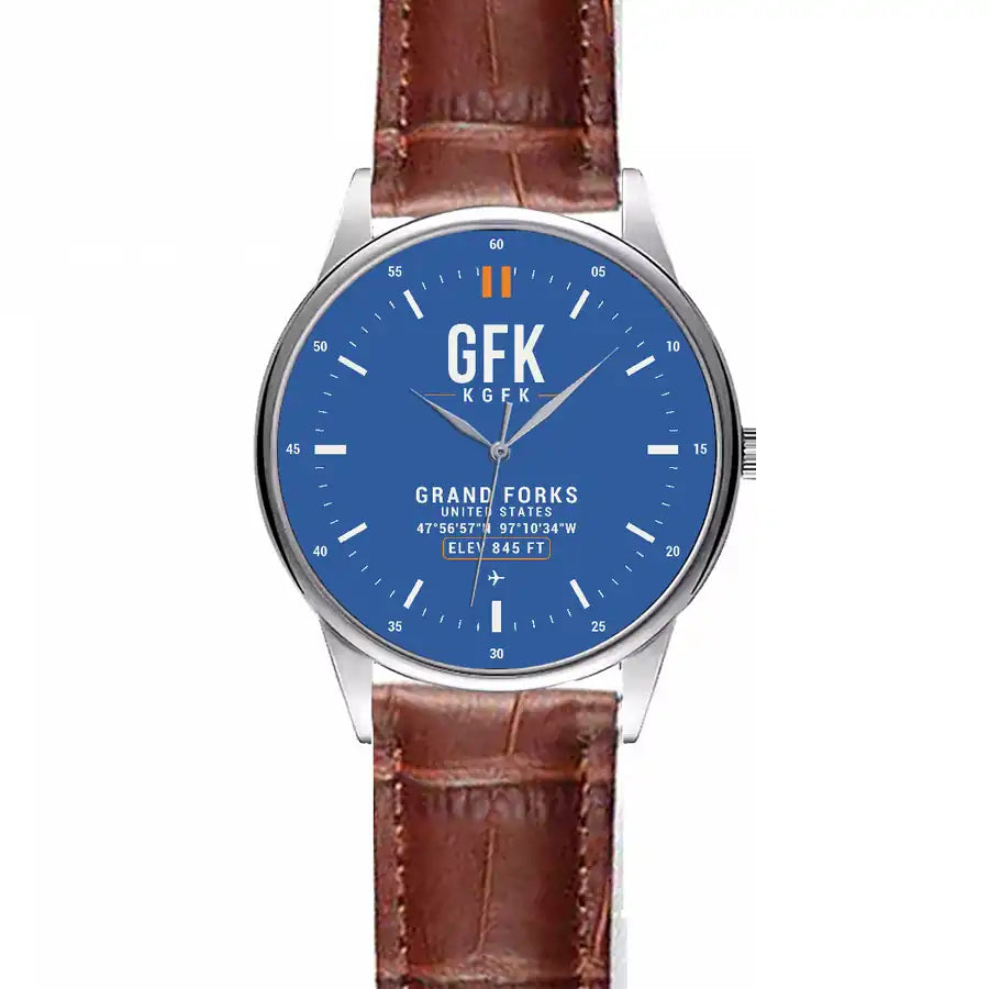 Grand Forks International Airport (GFK) Aviator Watches - Classic - Blue - Leather Strap - Striped Brown Leather Strap