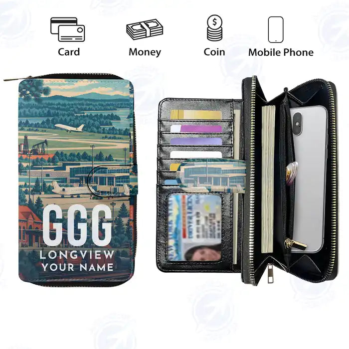 East Texas Regional Airport (GGG) Leather Wallets - Zip Long Wallet - Scene + Name