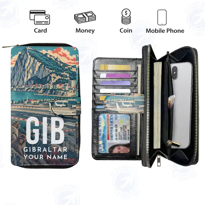 Gibraltar Airport (GIB) Leather Wallets - Zip Long Wallet - Scene + Name