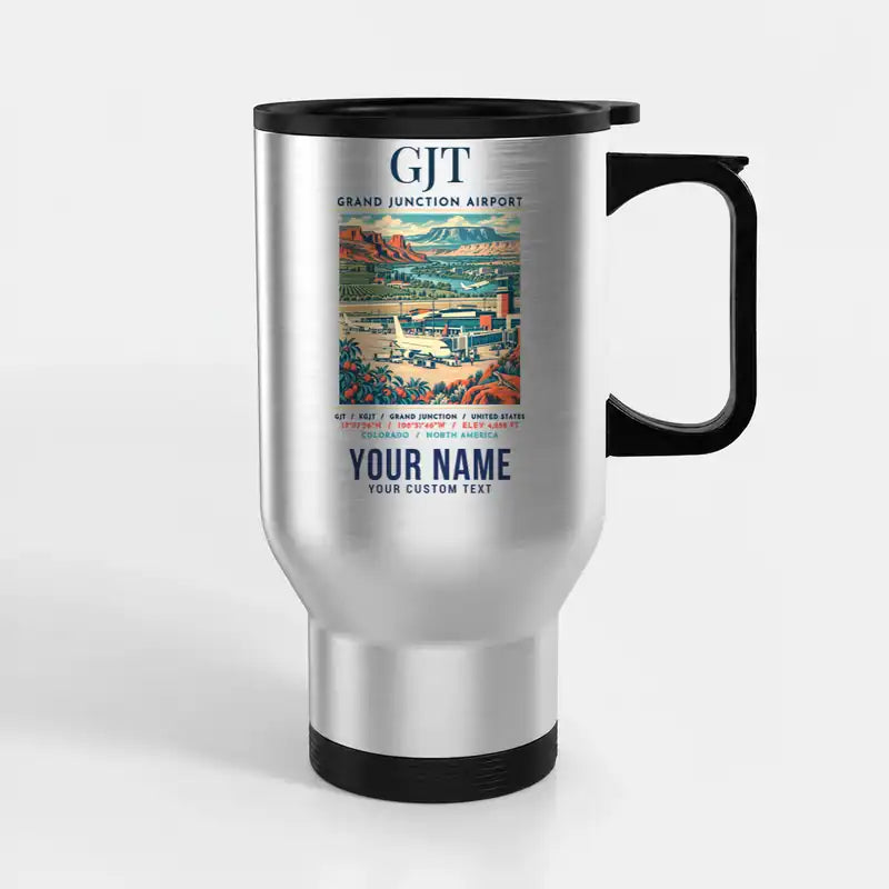 Grand Junction Regional Airport (GJT) Travel Mugs - Poster + Name - Stainless Steel with Holder - Silver