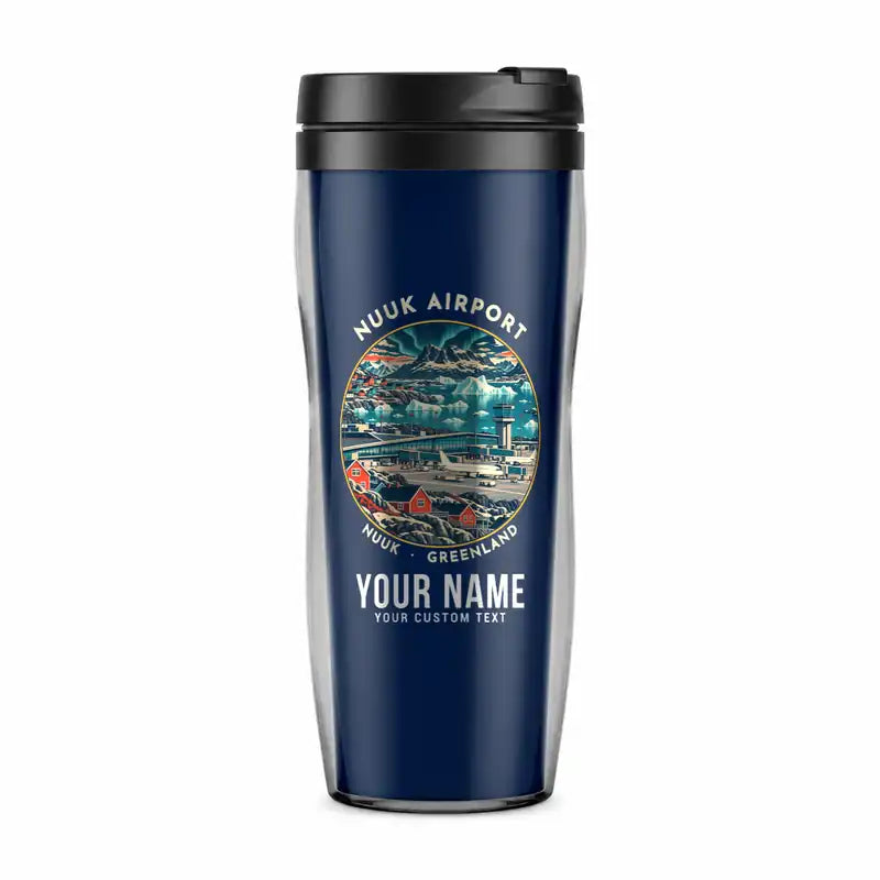 Nuuk International Airport (GOH) Travel Mugs - Badge + Name - Plastic (No Holder) - Dark Blue