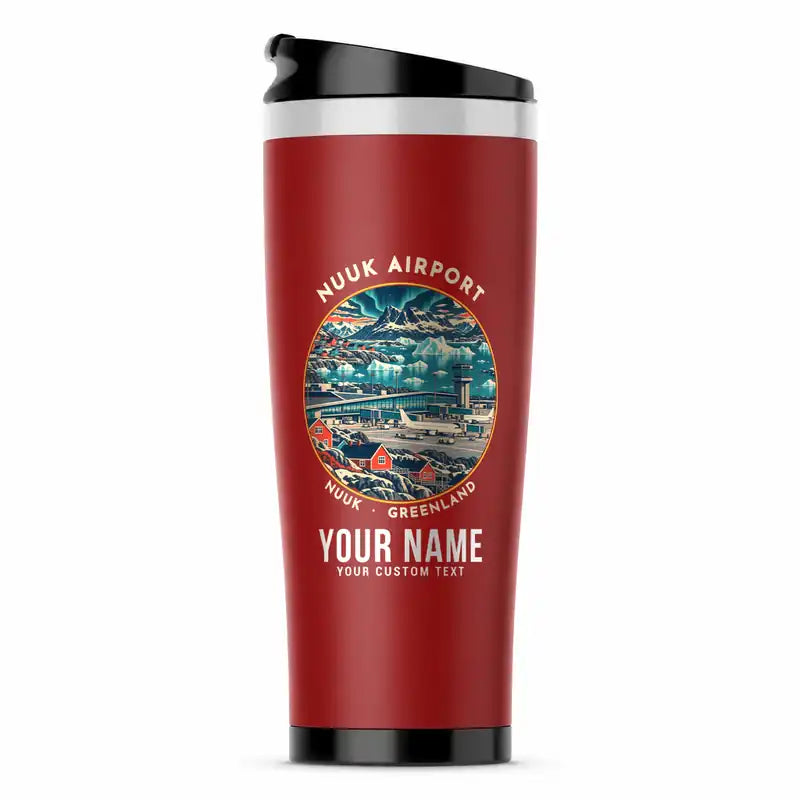 Nuuk International Airport (GOH) Travel Mugs - Badge + Name - Stainless Steel (No Holder) - Red