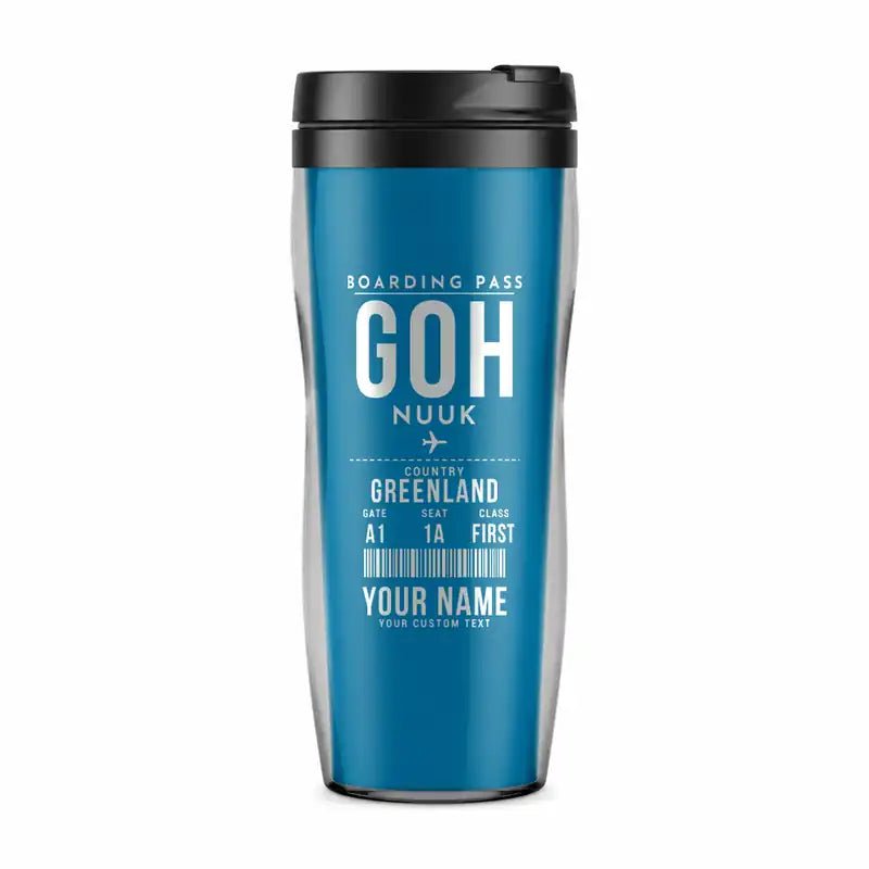 Nuuk International Airport (GOH) Travel Mugs - Boarding Pass + Name - Plastic (No Holder) - Light Blue