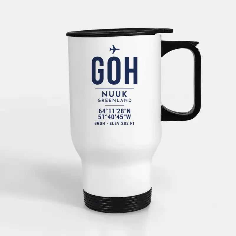 Nuuk International Airport (GOH) Travel Mugs - ID Tag - Stainless Steel with Holder - White