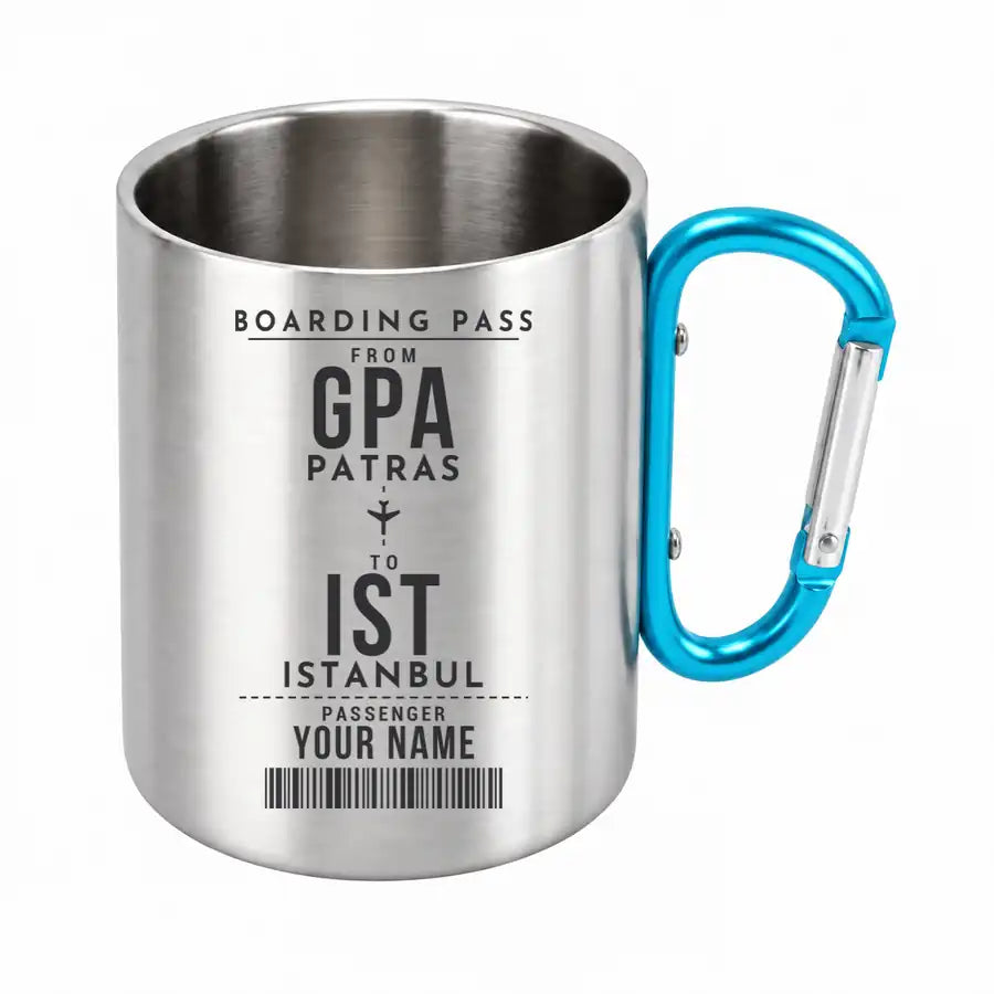 Araxos Airport (GPA) Stainless Steel Mugs - Customizable Boarding Pass - Outdoors Mug - Light Blue