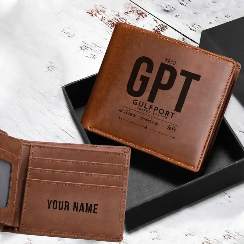 Gulfport–Biloxi International Airport (GPT) Leather Wallets - Laser Leather Wallet - Tag + Name