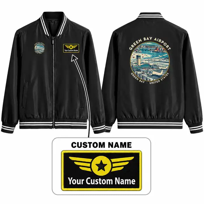 Green Bay–Austin Straubel International Airport (GRB) Stylish Jackets - Baseball Collar - Badge + Name - Black
