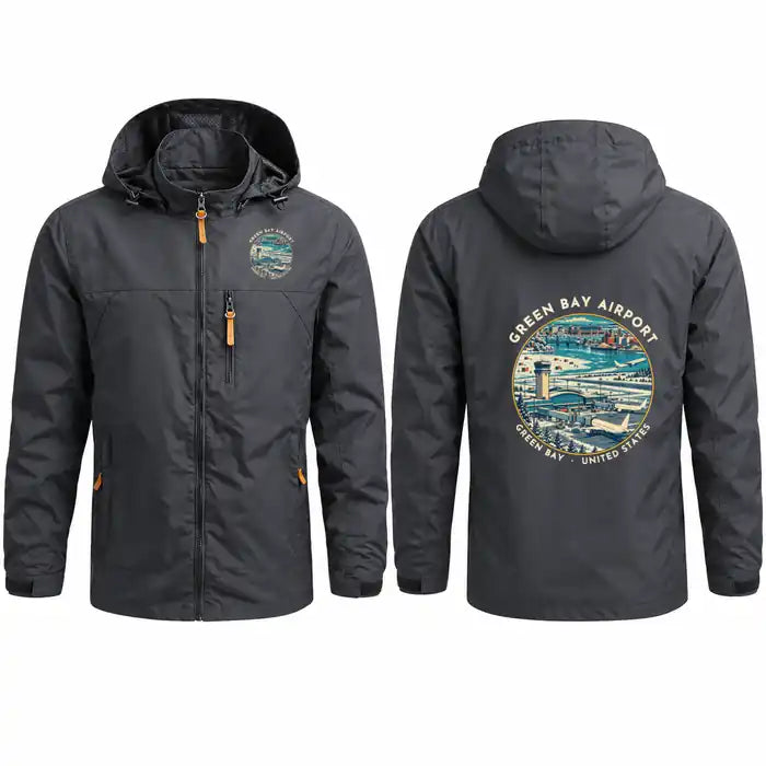 Green Bay–Austin Straubel International Airport (GRB) Stylish Jackets - Hooded Windbreaker - Badge - Charcoal