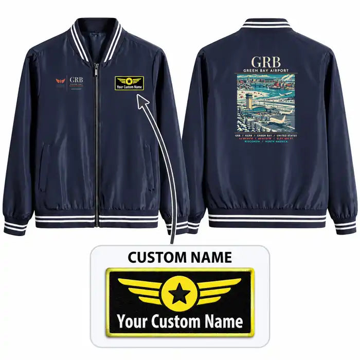 Green Bay–Austin Straubel International Airport (GRB) Stylish Jackets - Baseball Collar - Poster + Name - Navy Blue