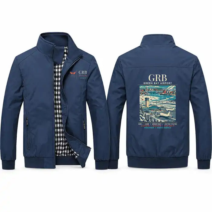 Green Bay–Austin Straubel International Airport (GRB) Stylish Jackets - Stand Collar - Poster - Navy Blue