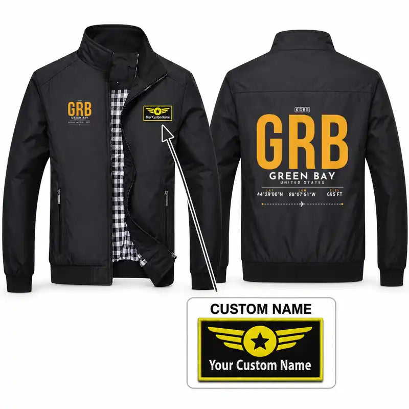 Green Bay–Austin Straubel International Airport (GRB) Stylish Jackets - Stand Collar - Tag + Name - Black