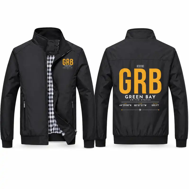 Green Bay–Austin Straubel International Airport (GRB) Stylish Jackets - Stand Collar - Tag - Black
