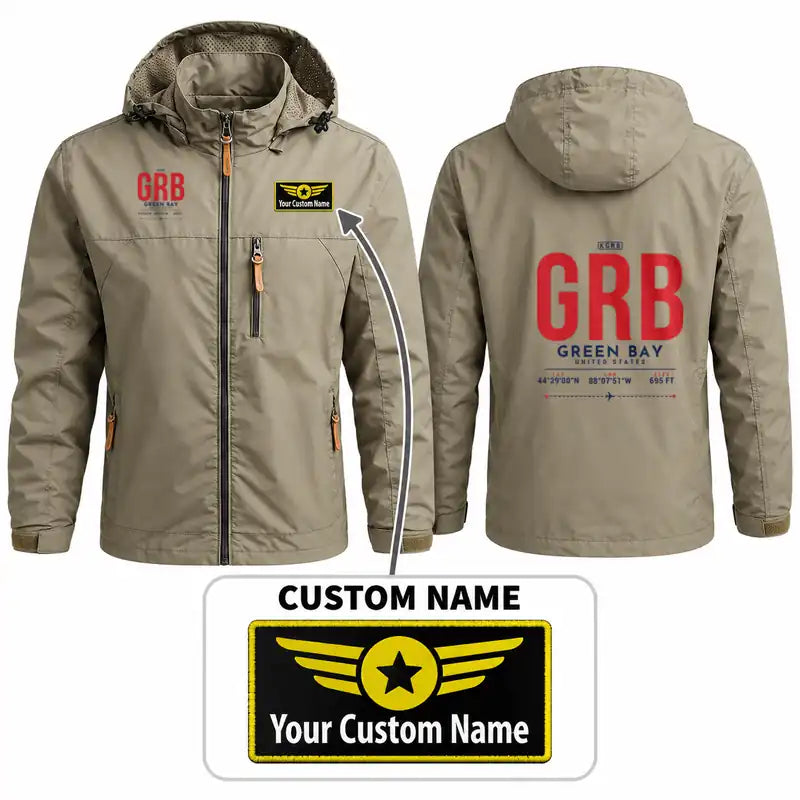 Green Bay–Austin Straubel International Airport (GRB) Stylish Jackets - Hooded Windbreaker - Tag + Name - Khaki