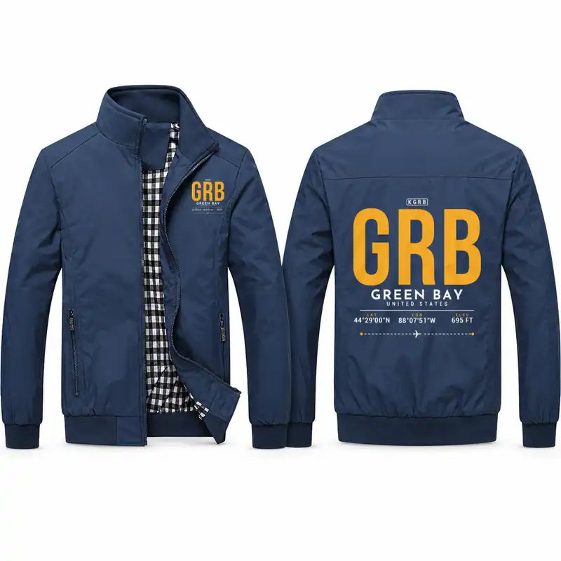Green Bay–Austin Straubel International Airport (GRB) Stylish Jackets - Stand Collar - Tag - Navy Blue