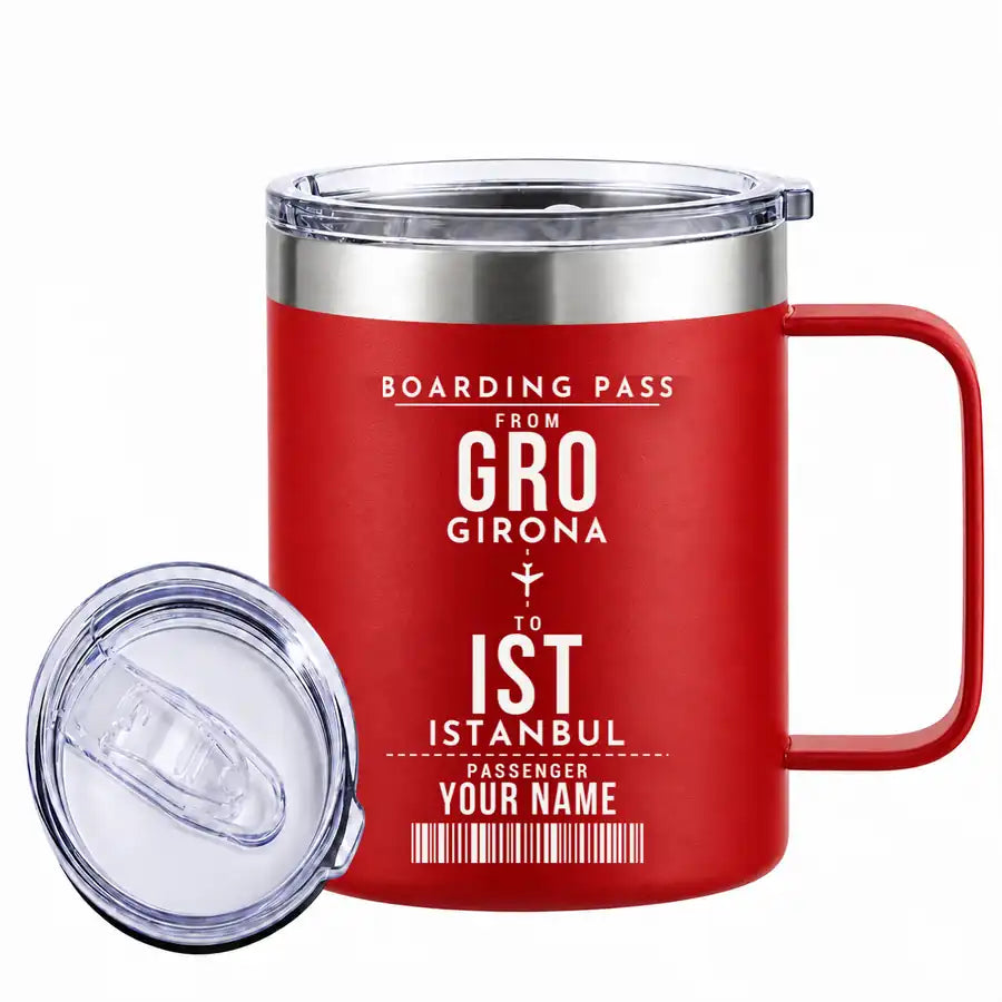 Girona–Costa Brava Airport (GRO) Stainless Steel Mugs - Customizable Boarding Pass - Stainless Steel Mug - 14 oz / 400ML - Red