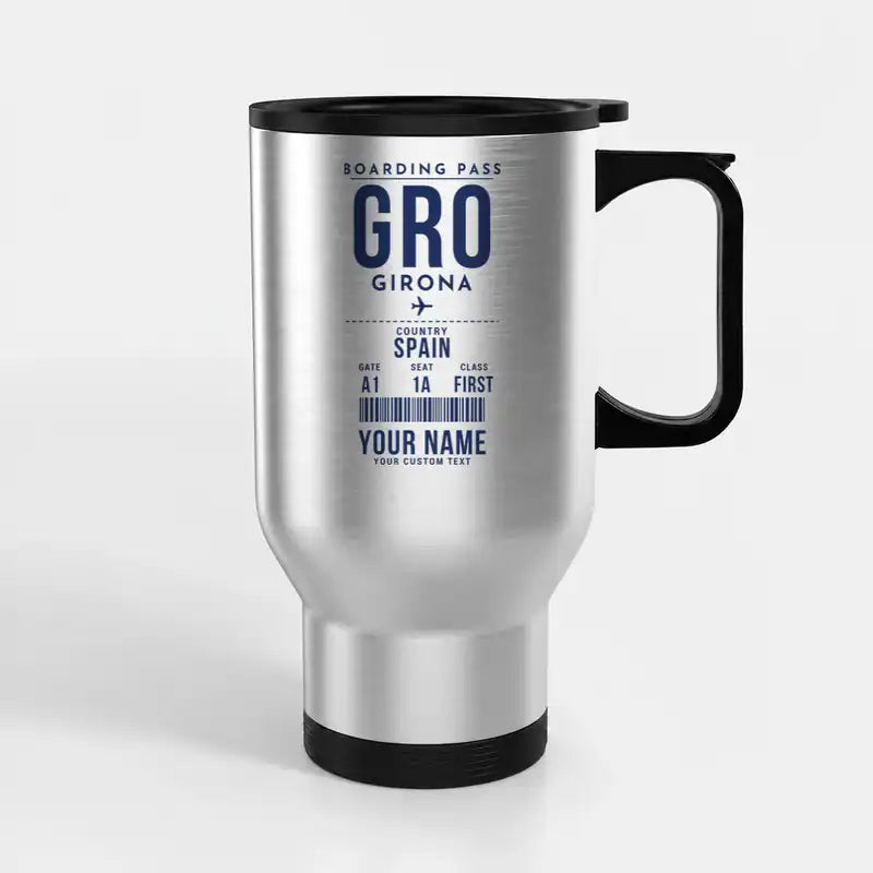 Girona–Costa Brava Airport (GRO) Travel Mugs - Boarding Pass + Name - Stainless Steel with Holder - Silver
