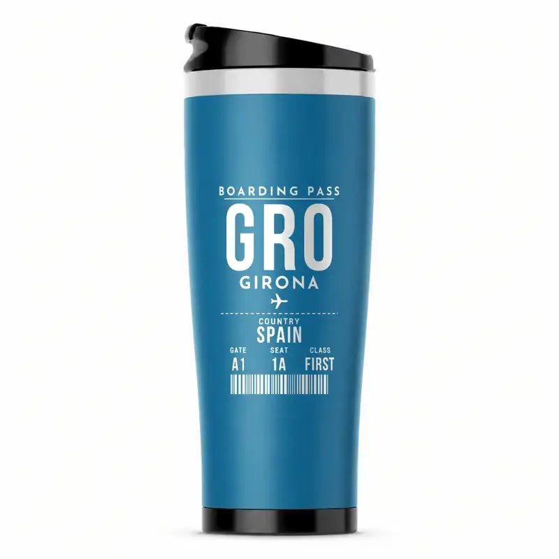 Girona–Costa Brava Airport (GRO) Travel Mugs - Boarding Pass - Stainless Steel (No Holder) - Light Blue