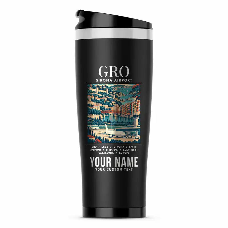 Girona–Costa Brava Airport (GRO) Travel Mugs - Poster + Name - Stainless Steel (No Holder) - Black