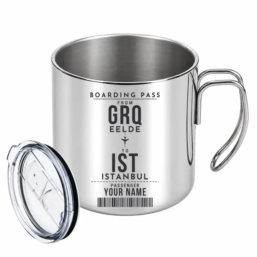 Groningen Airport Eelde (GRQ) Stainless Steel Mugs - Customizable Boarding Pass - Portable Mug - Silver