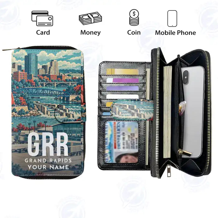 Gerald R. Ford International Airport Grand Rapids (GRR) Leather Wallets - Zip Long Wallet - Scene + Name