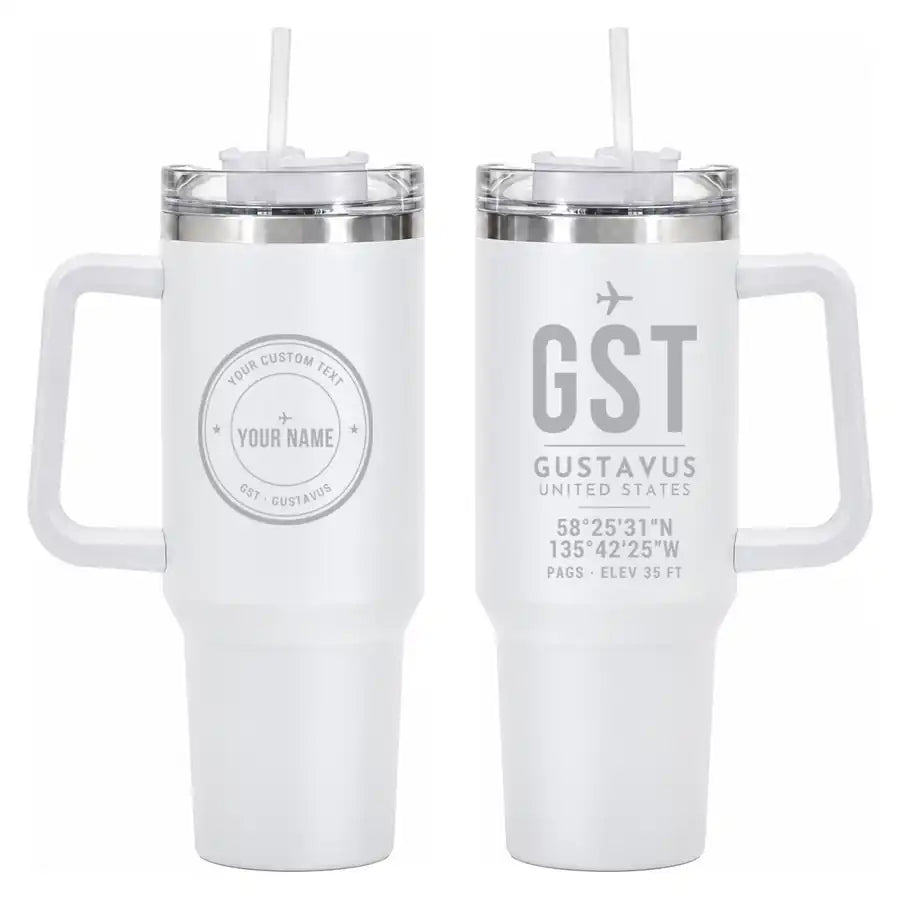 Gustavus Airport (GST) Stainless Steel Mugs - ID Tag + Custom Back - 40oz Car Mug - White