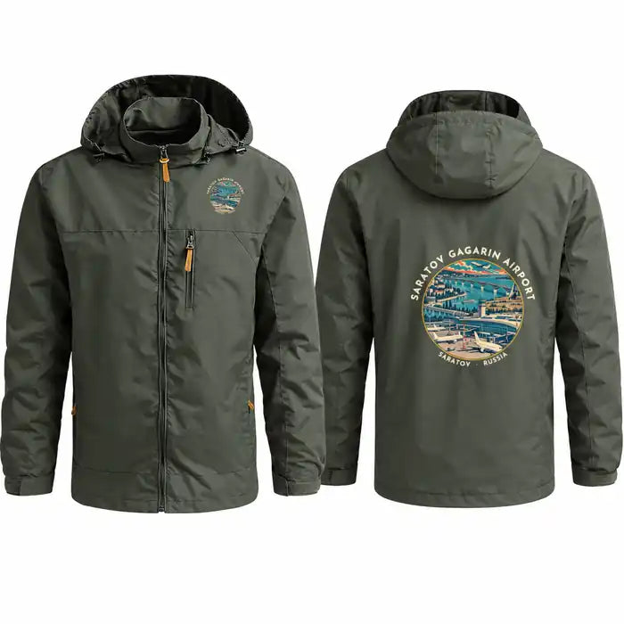 Saratov Gagarin International Airport (GSV) Stylish Jackets - Hooded Windbreaker - Badge - Olive Green