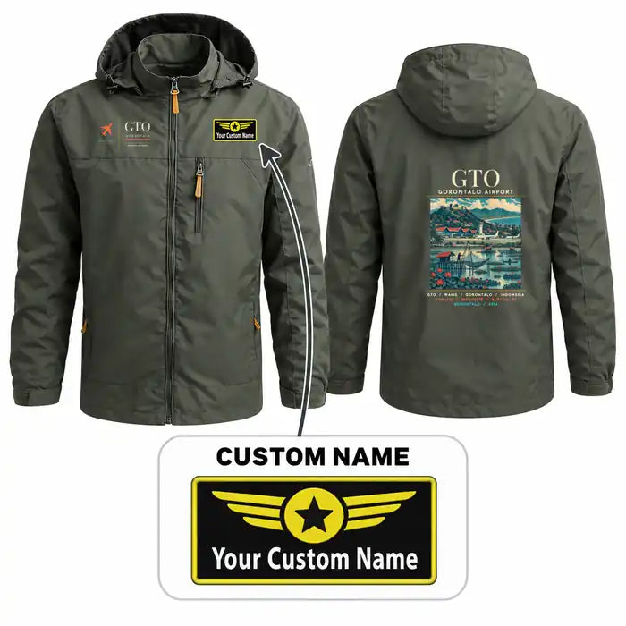 Jalaluddin Airport (GTO) Stylish Jackets - Hooded Windbreaker - Poster + Name - Olive Green