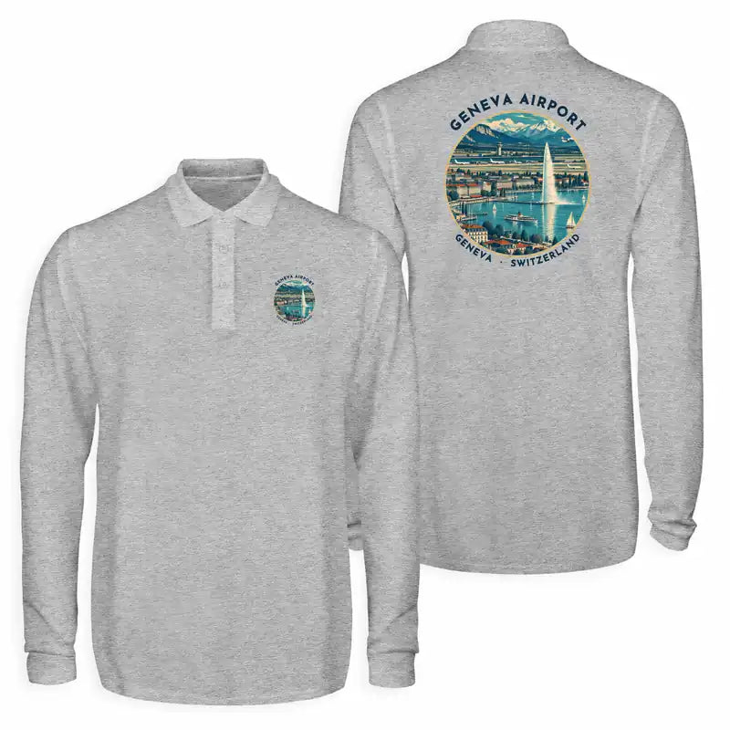 Geneva Airport (GVA) Premium Polo T-Shirts - Badge - Long Sleeve - Gray