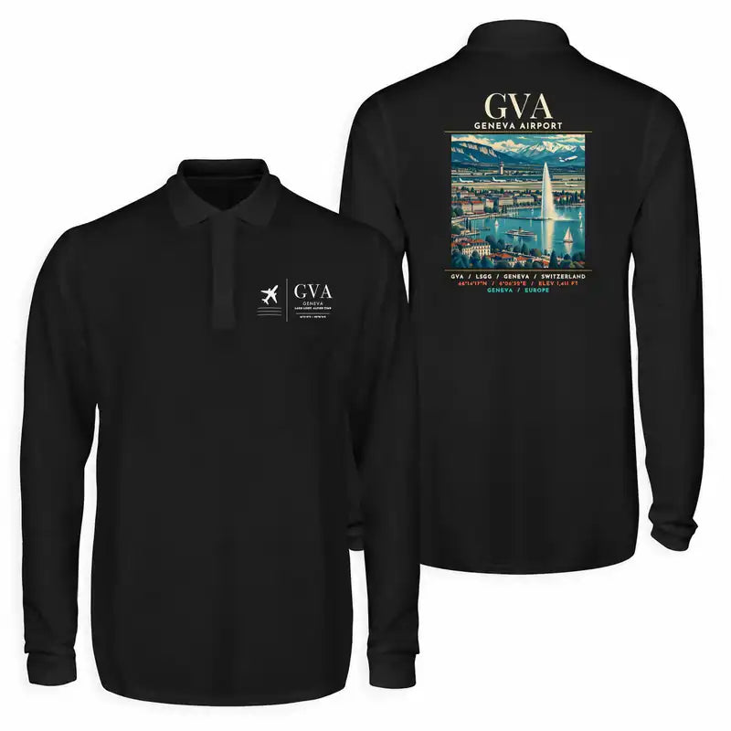 Geneva Airport (GVA) Premium Polo T-Shirts - Poster - Long Sleeve - Black