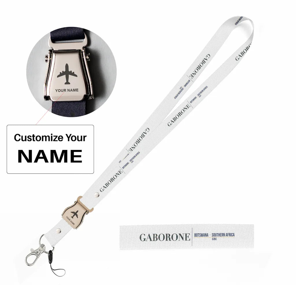 Gaborone City Series seat belt lanyard - white with name