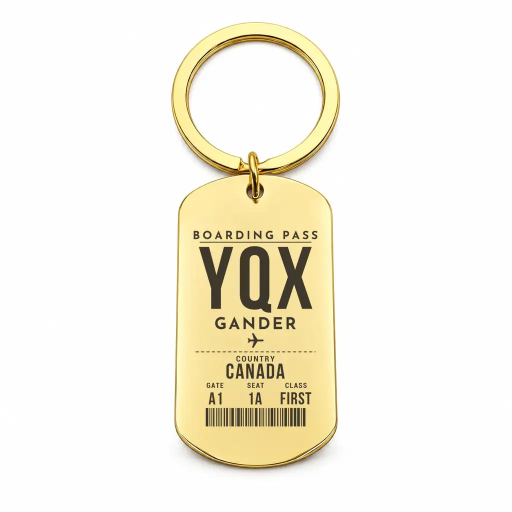 Gander International Airport YQX - Key Chain - Boarding Pass Style - Gold