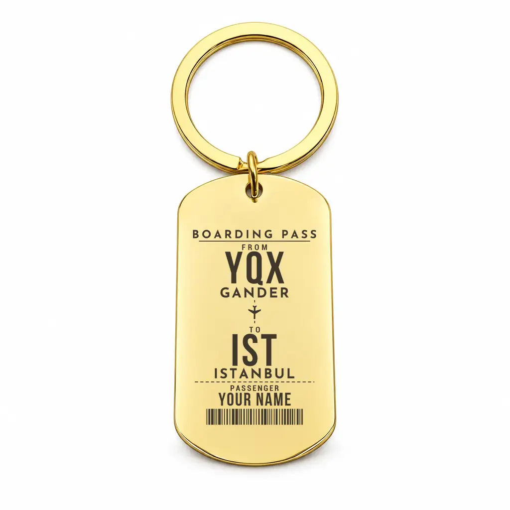 Gander International Airport YQX - Key Chain - Customizable Boarding Pass - Gold