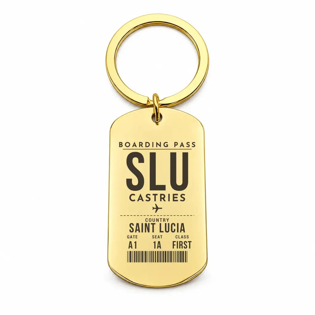 George F. L. Charles Airport SLU — Castries - Key Chain - Boarding Pass Style - Gold