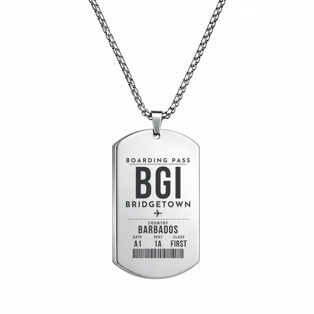 Grantley Adams International Airport BGI - Necklace - Boarding Pass Style - Silver