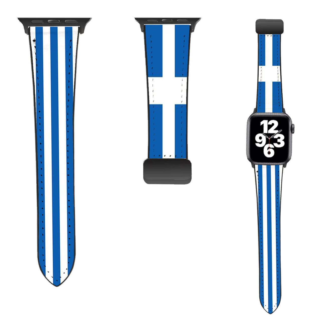 Greece Flag Designed Leather Apple Watch Straps