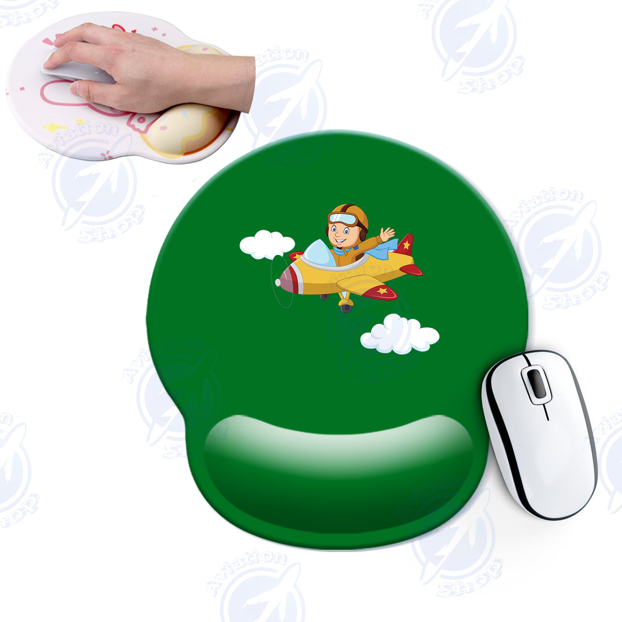 Cartoon Little Boy Operating Plane Designed Ergonomic Mouse Pads
