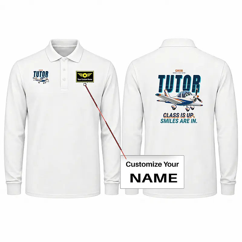 Grob G 115E Tutor Premium Polo T-Shirts - Cartoon + Name - Long Sleeve - White