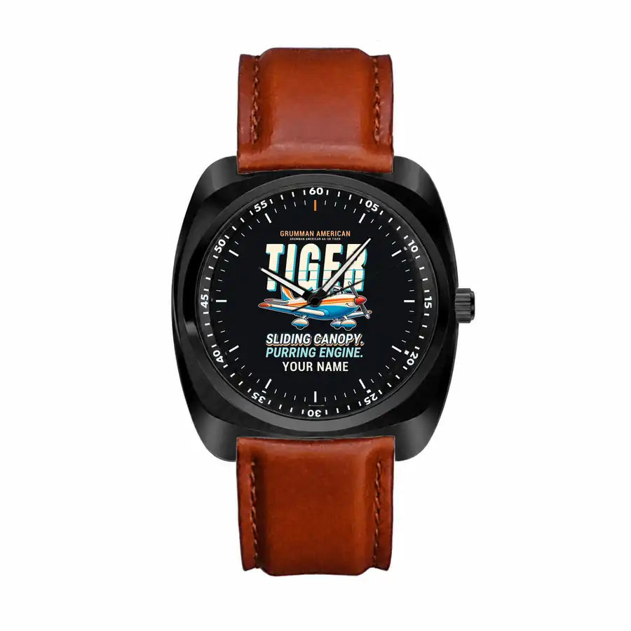 Grumman American AA-5B Tiger - Cartoon + Name - Luxury Cushion - Black and Dark Brown Strap