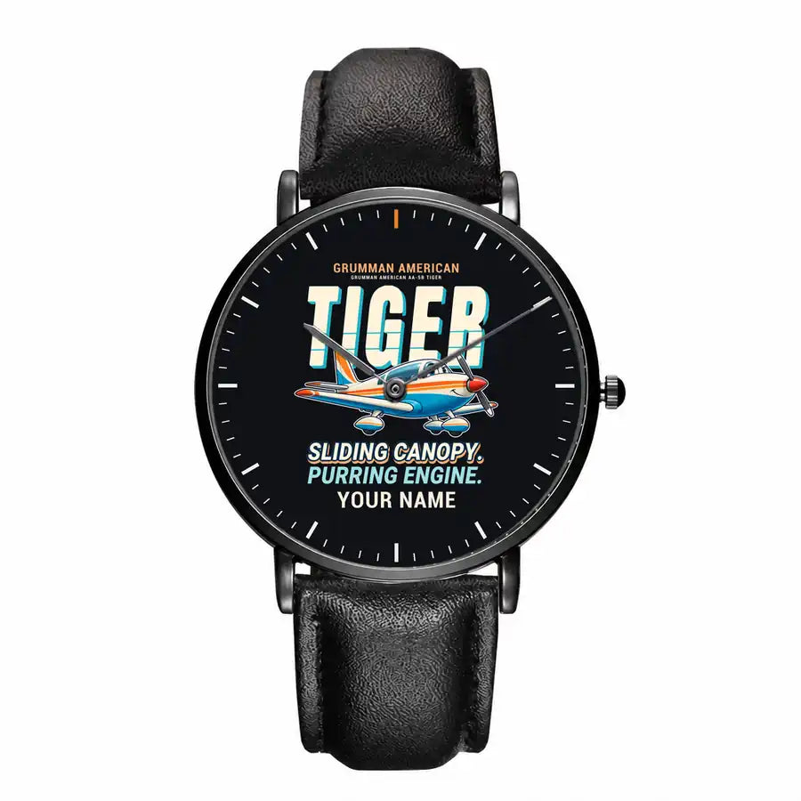 Grumman American AA-5B Tiger - Cartoon + Name - Slim Leather - Black and Black Leather Strap